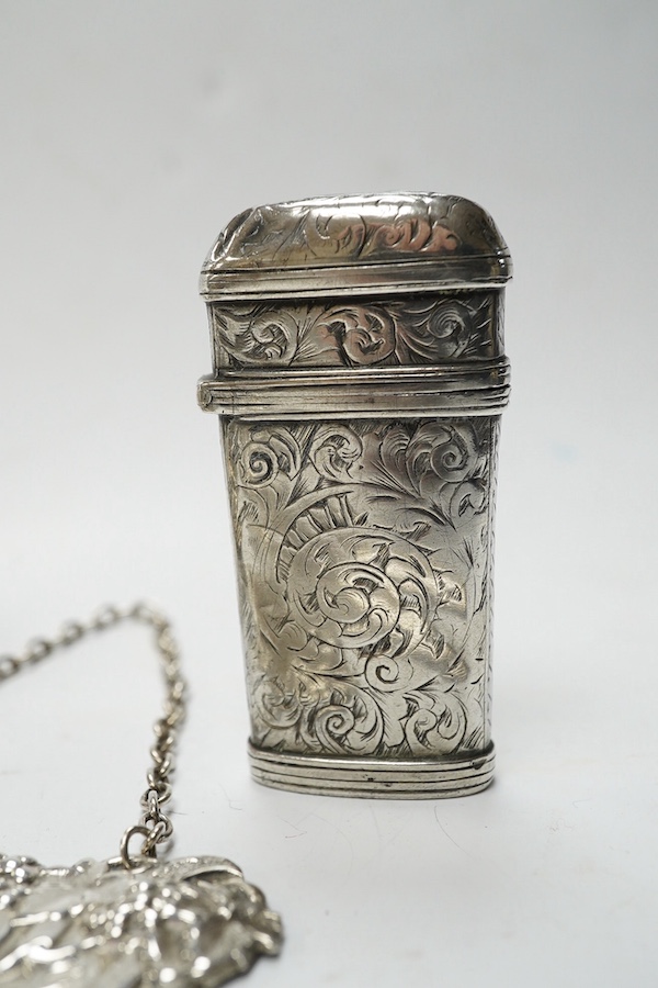 A late George III silver marrow scoop, Eley & Fearn, London, 1818, 21.6cm, a sterling double ended pill box, a Victorian silver etui case and four other items including an inkwell, wine label and plated spoon. Condition